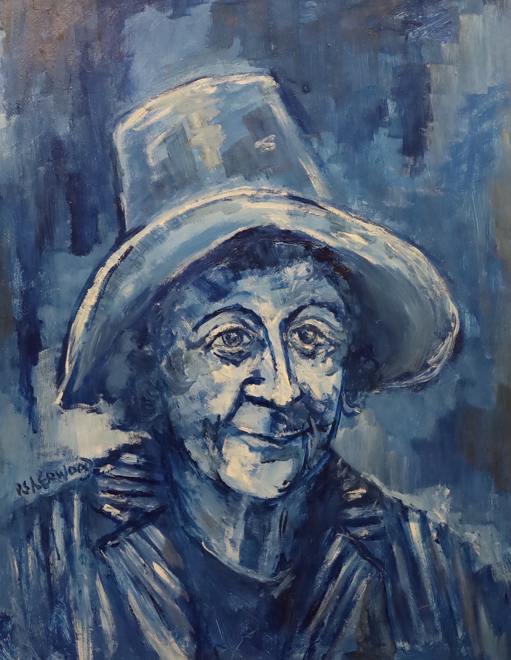 James Lawrence Isherwood (British, 1917- 1989), 'Mother Lily in Blue Hat', oil on canvas, 74 x 57cm